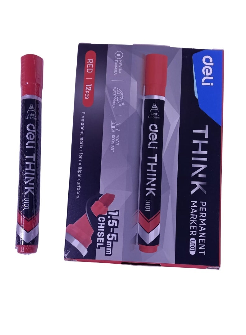 ديلي قلم تحديد دائم Deli U101، رأس إزميل 1.5-5 مم، أحمر، عبوة من 12 قطعة - Image 2